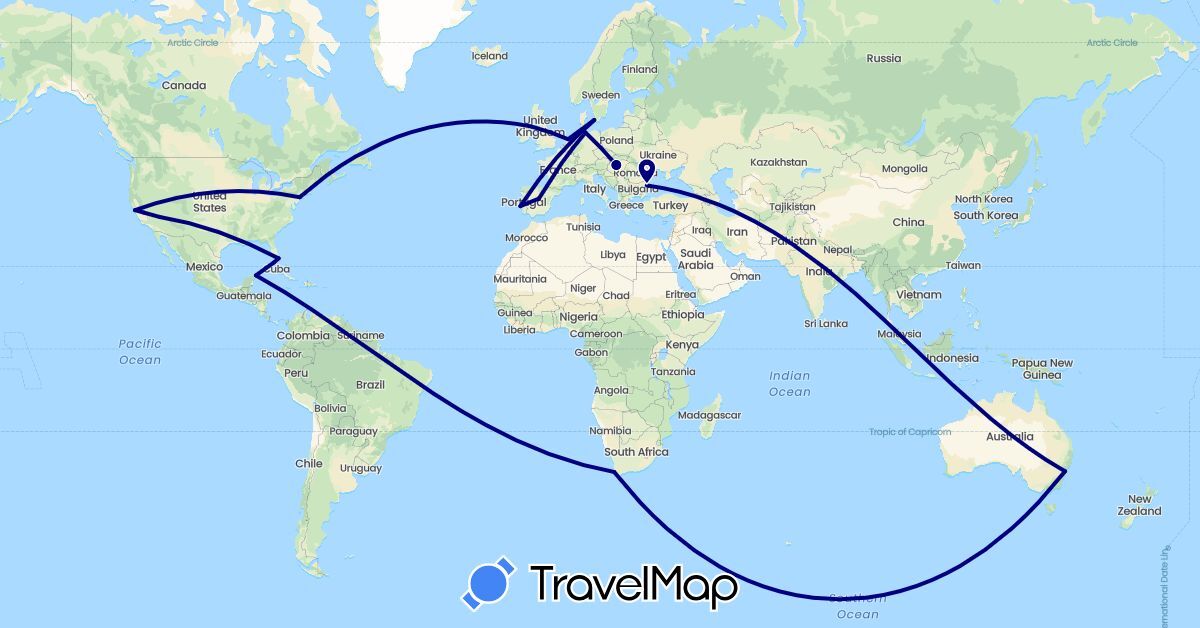 TravelMap itinerary: driving in Australia, Bulgaria, Germany, Denmark, Spain, United Kingdom, Hungary, Mexico, Netherlands, Portugal, United States, South Africa (Africa, Europe, North America, Oceania)